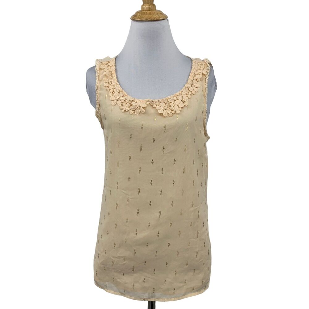 LC Lauren Conrad Tank Top Womens M Medium Mustard Floral Crochet Sleeveless